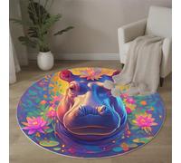 Tappeto rotondo Pelo Cort Ritratti Animali Tappeti per Grandi Dimensioni Simpatico Muso Ippopotamo Tappeti Antiscivolo Tappeto per Camera letto, corridoio, sala pranzo, soggiorno, 120cm, Blu-Viola