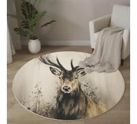 Tappeto Rotondo Pelo Corto Cervo Dalle Lunghe Corna 80cm Morbida Tappetino a Cerchio Arte Retro-Moderna Tappeti di Zona Antiscivolo Lavabile per Il Letto, Divano, Cameretta dei Giochi, Marrone Chiaro