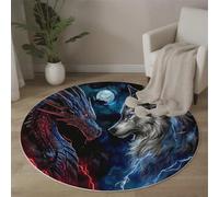 Tappeto Rotondo Pelo Corto Drago E Lupo Si Affrontano 120cm Morbida Tappetino a Cerchio Stile Gioco Tappeti di Zona Antiscivolo Lavabile in Lavatrice per Il Letto, Divano, Cameretta dei Giochi, Indaco