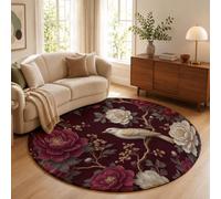 Tappeto Rotondo Pelo Corto Peonia E Rilievo Degli Uccelli 80cm Morbida Tappetino a Cerchio Retro Orientale Tappeti di Zona Antiscivolo Lavabile per Il Letto, Divano, Cameretta dei Giochi, Rosso Scuro