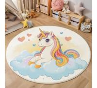 Tappeto rotondo per bambini 120cm, lavabile e antiscivolo, morbido tappeto da gioco Animali dei cartoni animati L'unicorno siede su una nuvola per ragazzi e ragazze, cameretta dei bambini, Giallo