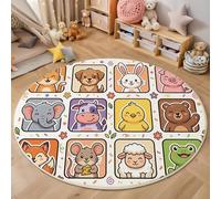 Tappeto rotondo per bambini, 80cm, lavabile e antiscivolo, morbido tappeto da gioco Animali dei cartoni animati Maiali, elefanti, bovini e altri animali per ragazzi e ragazze,Marrone giallastro