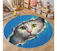 Tappeto rotondo per bambini, 80cm, lavabile e antiscivolo, morbido tappeto da gioco Illustrazioni di animali Gatto bianco nella tana per ragazzi e ragazze, cameretta dei bambini, soggiorno, Blu