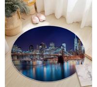 Tappeto Rotondo per Camera da Letto 100 cm, Lavabile Pelo Corto Fotografia Città Scena Notturna Stampa Antiscivolo Blu Oro Tappeto Rotondo - Tappeti per Soggiorno e aree interne