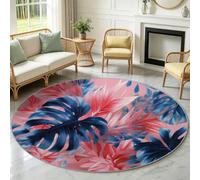 Tappeto rotondo per camera da letto, diametro 120 cm, rosa, a pelo corto, antiscivolo, facile da pulire, con motivo acquerello, giungla tropicale, piante, lavabile, morbido, per cameretta dei bambini