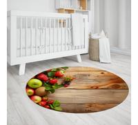 Tappeto rotondo per il mercato della frutta vintage Tappeti antiscivolo per l'ingresso della camera dei bambini della scuola materna Sfondo rustico in legno con mele fragole e foglie verdi 200cm