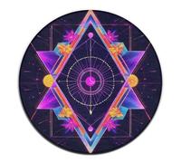 Tappeto rotondo per interni ed esterni alla moda, tappeto decorativo per divano grande viola psichedelico con simboli di geometria sacra, sole e luna, tappetino yoga lavabile.