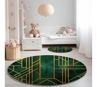 Tappeto rotondo per la camera delle ragazze 100 cm, Tappeto antiscivolo lavabile per bambini per la cameretta dei bambini, Geometria Retrò per la sala giochi degli adolescenti, Verde Oro