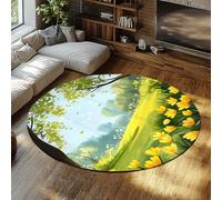 Tappeto rotondo per prato primaverile Albero verde Fiori gialli Tappeto per pavimento per soggiorno Camera da letto Sala da gioco sotto il tavolo Accogliente pelo basso Lavabile 80x80cm