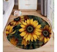 Tappeto Rotondo Pittura A Olio Stile Country 100cm Rotondi Carpet a Pelo Corto Girasole Reticolato Antiscivolo Lavabile per Salotto Camera da Letto Soggiorno Scendiletto Ufficio, Verde Scuro