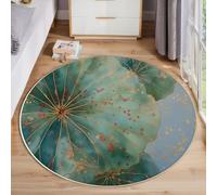 Tappeto Rotondo Pittura Inchiostro Botanico 120cm Rotondi Carpet a Pelo Corto Foglia Loto Lamina D'Oro Antiscivolo Lavabile per Salotto Camera da Letto Soggiorno Scendiletto Ufficio, Verde