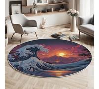 Tappeto Rotondo Pittura Paesaggistica Giapponese 80cm Tappeti a Pelo Corto Tappeto La Grande Onda Di Hokusai Antiscivolo Lavabile per Camera da Letto, Soggiorno, Tavolino da Caffè Decor, Blu Scuro
