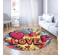 Tappeto rotondo Pop Art LOVE - Stuoia circolare antiscivolo lavabile Carpet a forma di cuori comici luminosi Stampa morbido per veranda a pelo basso per soggiorno Camera da letto Sala giochi 160cm