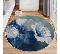 Tappeto Rotondo Realistico E Bellissimo Tappeto a Pelo Corto Gocce Rugiada E Fiori Tappeti Lavabili Antiscivolo Extra Morbido e Fluffy per Soggiorno, Camera da Letto, Cucina, 80cm, Sfumatura Blu