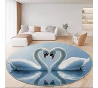 Tappeto Rotondo Romantico Animali Cigno Bianco per Cucina Soggiorno Camera da Letto, Antiscivolo & Lavabile in lavatrice Tappeti Rotondi 160 cm, Azzurro Chiaro Pelo Corto Flanella Tappeto Rotondo