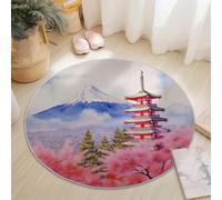 Tappeto Rotondo Salotto 100 cm, Monte Fuji Torre Fiore Di Ciliegio Stampa Morbido Tappetini Antiscivolo Tappeto Rotondo per Bambini Cameretta Cucina Casa Zona Balcone Tappetini Tavolino, Blu Rosa