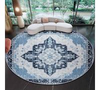 Tappeto Rotondo Salotto 120 cm, Pittura inchiostro Illustrazione geometrica Antico stampato, Blu Tappeto Lavabile a Pelo Corto Morbido Antiscivolo per Soggiorno, Camera da Letto, Cucina e Corridoio