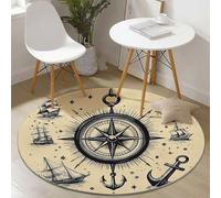 Tappeto Rotondo Salotto 150 cm, Nautico Bussola Gancio Per Barche Stampa Morbido Tappetini, Antiscivolo Tappeto Rotondo per Bambini Cameretta Cucina Casa Zona Balcone Tappetini Tavolino, Sabbia