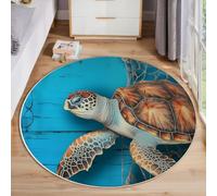 Tappeto Rotondo Salotto 80cm Morbido Tappeto Tema Nautico Scendiletto Rete Da Pesca Per Tartarughe Marine Antiscivolo, Lavabile in Lavatrice per Soggiorno, Camera da Letto e Ufficio, Azzurro Chiaro