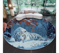 Tappeto Rotondo Salotto Lavabile, Stile Fantasy Tigre Bianca Come La Neve Antiscivolo Tappeto - Blu E Bianco Tappeto Rotondo con Supporto 150 cm (Rond) per Cameretta Bambino Ufficio Corridoio