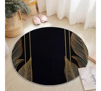 Tappeto Rotondo Salotto Moderno Lusso Foglie Disegno Al Tratto Tema, 100 cm Tappeto Camera da Letto Rotondo Grande Pelo Corto, Antiscivolo Tappeti Rotondi per Bambini Camera, Nero Oro