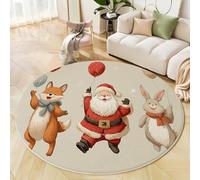 Tappeto Rotondo Salotto, Morbido 160 Cm Tappetini Antiscivolo Tappeto Per Bambini Cameretta Cucina Casa Zona Tappet Tavolino (Babbo Natale, La Volpe E Il Coniglio, Stile Cartone Animato) Beige
