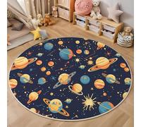Tappeto Rotondo Salotto, Morbido 80 cm Tappetini Antiscivolo Tappeto per Bambini Cameretta Cucina Casa Zona Tappet Tavolino (stelle nell'universo, Stile cartone animato) Blu scuro