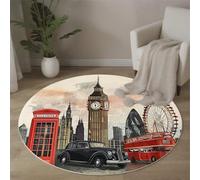Tappeto Rotondo Strade Di Londra Tappetini Antiscivolo Arte Retrò Tappeto Pelo Corto Lavabile per Camera Da Letto Salotto Casa Zona Balcone Tavolino, 80cm, Marrone