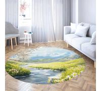 Tappeto rotondo Tappeti da soggiorno Lavabile Neutro Prato primaverile Ruscello Verde Blu Morbido Sottile Pavimento interno Carpet antiscivolo per camera da letto sotto il tavolo da pranzo 150cm