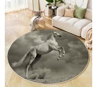 Tappeto Rotondo Un Cavallo Bianco Che Salta, Realismo Animale In Bianco E Nero Tappeti Decorativi Stampati - Zerbino Rotondo Antiscivolo Lavabile in Lavatrice per Camera Da Letto Soggiorno 120cm
