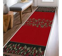 Tappeto runner con agrifoglio, motivo natalizio con bacche e edera, rosso, a pelo basso, rettangolare, per cucina, lavanderia, ingresso, 7,6 x 2,3 m