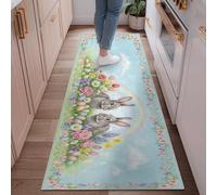 Tappeto runner con conigli, motivo primaverile con fiori fantasiosi, uova pasquali, a pelo basso, per interni, rettangolare, non perde pelo, per cucina, corridoio, lavanderia, ingresso, 6 x 1,8 m