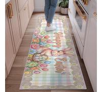 Tappeto runner con coniglio, cestino primaverile fantasioso tulipani pasquali pastello antiscivolo per pavimento della casa, tappeto rettangolare per cucina, ingresso, lavanderia, comodino