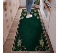Tappeto runner con fiocco di neve, elegante motivo natalizio con vortice scintillante di Natale, verde scuro, antiscivolo, estetico, rettangolare, per cucina, ingresso, lavanderia, corridoio