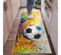 Tappeto runner con palloni da calcio, linee dinamiche di spruzzi, estate, giallo, a pelo basso, rettangolare, tappeti, bordatura per cucina, comodino, ingresso, corridoio, decorazione, 6 x 1,8 m