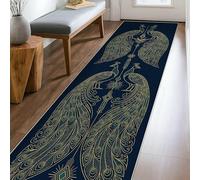 Tappeto runner con pavone, arte elegante piume diamanti nessuno blu navy bordo a pelo basso bordo bordo tappeto rettangolare per cucina, comodino, ingresso corridoio decorazione 0,6 x 2,3 m