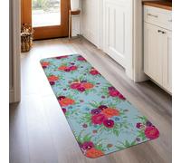 Tappeto runner con rose, floreale vibrante viola del pensiero crisantemo primavera blu bordo antiscivolo bordatura casa tappeto rettangolare per cucina, lavanderia, porta ingresso decorazione 0,6 x