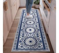 Tappeto runner floreale, tradizionale, elegante, geometrico, ornamentale, nessuno blu navy, a pelo basso, morbido, rettangolare, resistente alle macchie, per cucina, lavanderia, ingresso, 6 x 1,8 m