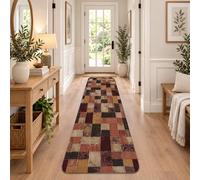 Tappeto runner patchwork vintage con toppe geometriche 2x8 | Tappeto da corridoio con motivo geometrico a mosaico, tavolozza dei colori della terra, stile tradizionale della fattoria