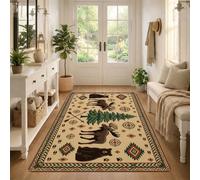 Tappeto rustico a tema alce e orso, 91 x 150 cm | Tema rustico della foresta, bordo geometrico sud-occidentale, sagome di orso, motivi di pino, decorazione della cabina del