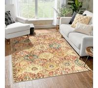 Tappeto Salotto e Camera da Letto, Lavabile Antiscivolo, Tappeti di zona,Motivo floreale vintage multicolore a traliccio, crema, giallo, rosso, arancione, 155 x 215 cm