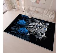 Tappeto Salotto Lavabile, Animali Leopardo Rosa tema Pelo Corto Antiscivolo Morbido Flanella Stampa Nero Blu Tappeto, Tappeti per Salotto Cameretta Bambino Ufficio, 120 x 170 cm