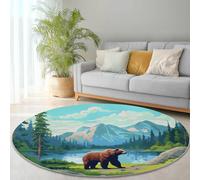 Tappeto Salotto marrone verde Pelo Corto Cucina Natura Vista sul lago dell'orso bruno Antiscivolo Lavabile Rotondo per Camera Da Letto, Ingresso Interno, Soggiorno 100 cm (Round)