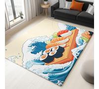 Tappeto Salotto Moderno 90 x 150 cm Stile Hokusai Sushi Sashimi Onde Del Mare Tappeto per Camera da Letto Adolescenti Bambini Soggiorno Tappeto Flanella Carpets Lavabile Antiscivolo Morbido Tappetino