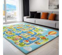 Tappeto Salotto Moderno Mappa Cittadina Dei Cartoni Animati Mongolfiera 90 x 150 cm Tappeto Camera da Letto, Blu Adolescenti Bambini Soggiorno Tappeti Flanella Lavabile Antiscivolo Morbido Tappetino