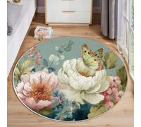 Tappeto Salotto Peonia Farfalla Pelo Corto Rotondo, Acquerello Floreale Vintage Tappeto Antiscivolo Soggiorno 60cm, Ultra-Sottile Morbido Adatto per Camera Da Letto Sala Da Pranzo, Azzurro Chiaro
