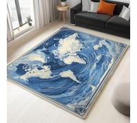 Tappeto Salotto Poster Retrò Mappa Del Mondo Con Onde Oceaniche 90 x 150 cm Tappeti Soggiorno, Blu Tappeto Lavabile Dell'Interno Morbido, Per La Camera Da Letto La Cucina Il Tavolo Della Sala