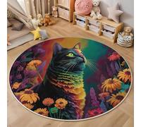 Tappeto Salotto Rotondo 140Cm Gatto Dei Fiori,Decorazioni Per Interni Tappeti Animali Affascinanti Stampato In 3D Materassini Scendiletto Soggiorno Grandi Tappetini Gioco,Colore