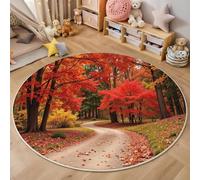 Tappeto Salotto Rotondo 160Cm Foresta Stradale,Decorazioni Per Interni Tappeti Paesaggio Autunnale Naturale Stampato In 3D Materassini Scendiletto Soggiorno Grandi Tappetini Gioco,Rosso-Arancio