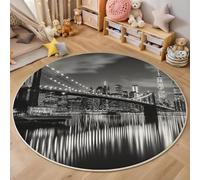 Tappeto Salotto Rotondo 180Cm Ponte Di Notte,Decorazioni Per Interni Tappeti Architettura Di New York Stampato In 3D Materassini Scendiletto Soggiorno Grandi Tappetini Gioco,In Bianco E Nero